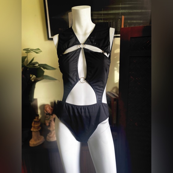 Sexy cut out mod goth industrial bodyCon black bathing body suit camp pinup - Picture 10 of 10